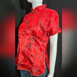 Red Floral Satin Top Sz M